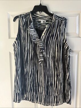 Banana Republic Navy and White Sleeveless V-Neck Stripe Top